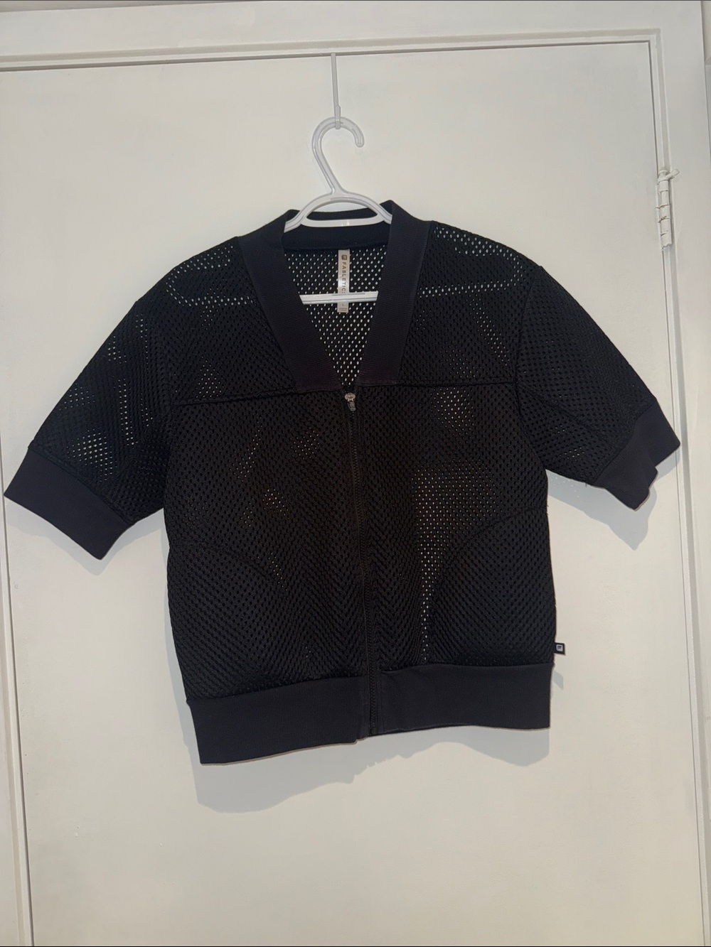 Fabletics Black Mesh V-Neck Zip Front Short Sleeve Sweater